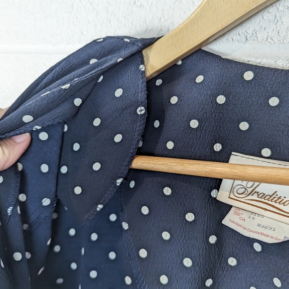 M/L Vintage Traditions Polka Dot Maxi Dress Navy White Button Up Tie Pleated - Picture 11 of 11